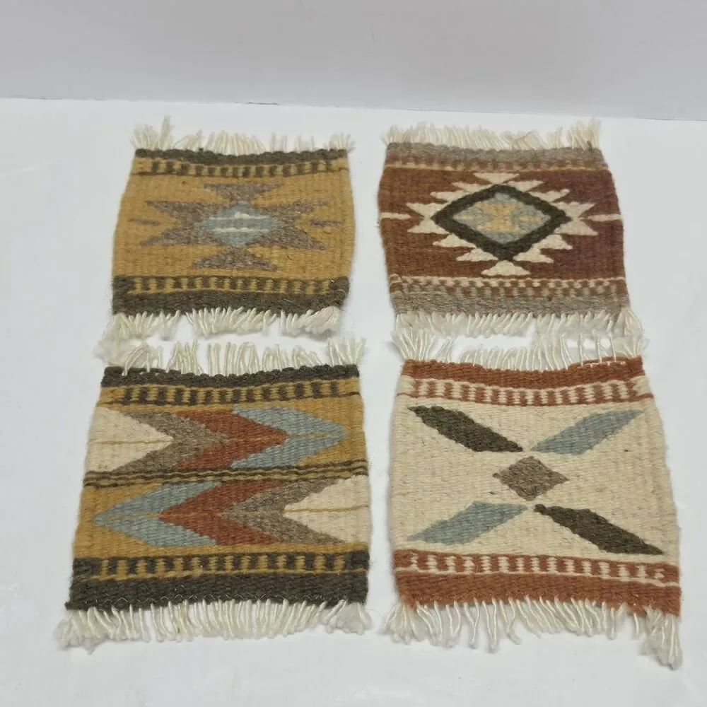 Vintage Native American Style Hand Woven Wool Mini Rug Coasters Set Of 4
